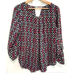 Papermoon Women's Blouse red beige Geometric Print Multicolor long Sleeve Size M